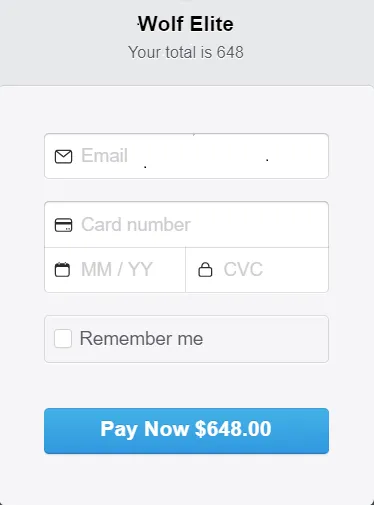 Stripe's checkout pop-up for Wolf Elite, showing 'Your total is 648', fields for email, card number, expiry and CVC, a 'Remember me' checkbox and a 'Pay Now $648.00' button.